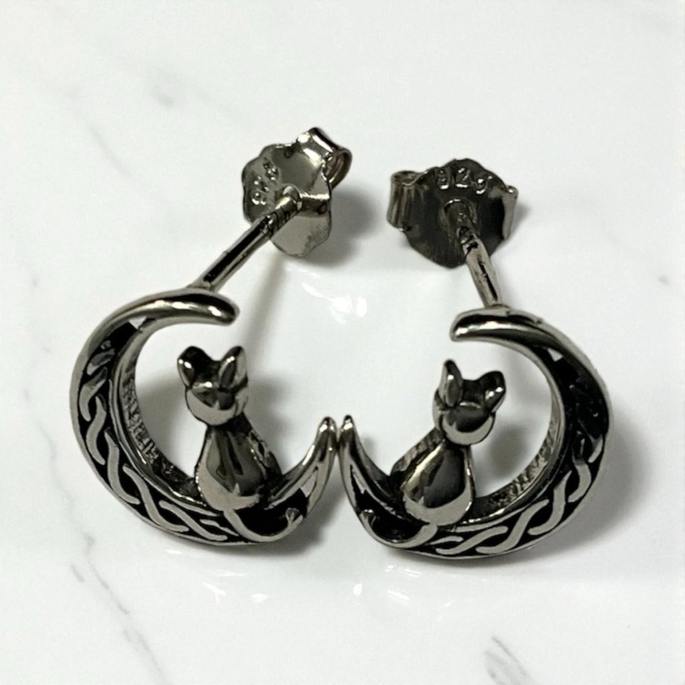 925 Sterling Silver Cat on Crescent Moon Stud Post Earrings